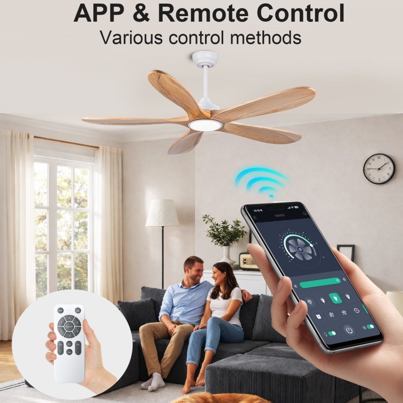52" Modern Solid Wood Ceiling Fan w/Light 3CCT Noiseless Reversible APP/Remote