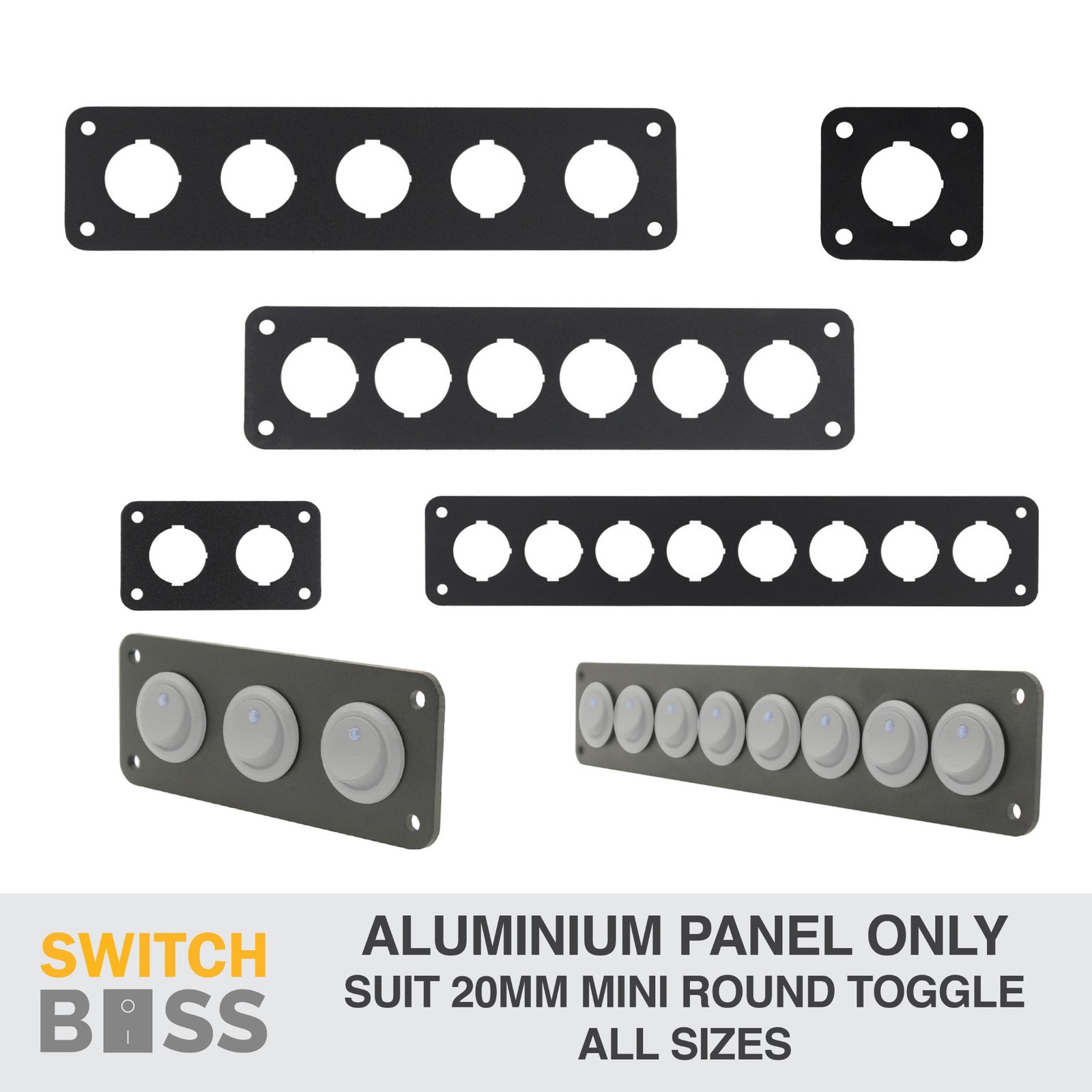 20mm Mini Round TOGGLE ROCKER SWITCH PANEL Only Aluminium 12v Marine ALL SIZES