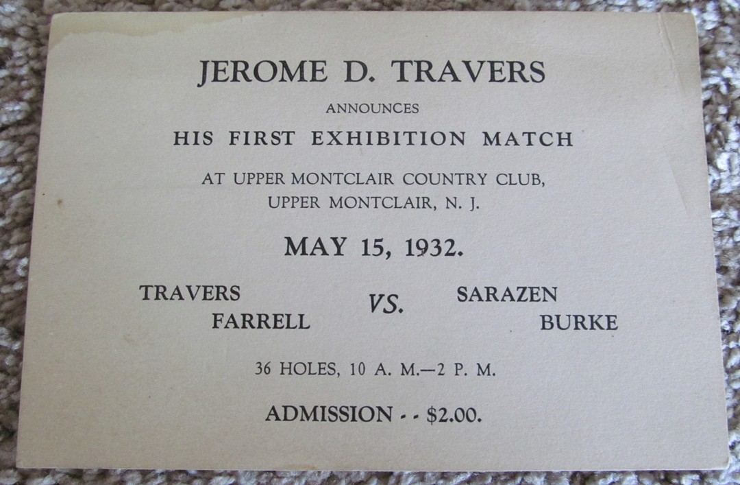 CARDBOARD SIGN FOR HIS FIRST EXHIBITION MATCH 1932 AT UPPER MONTCLAIR CC