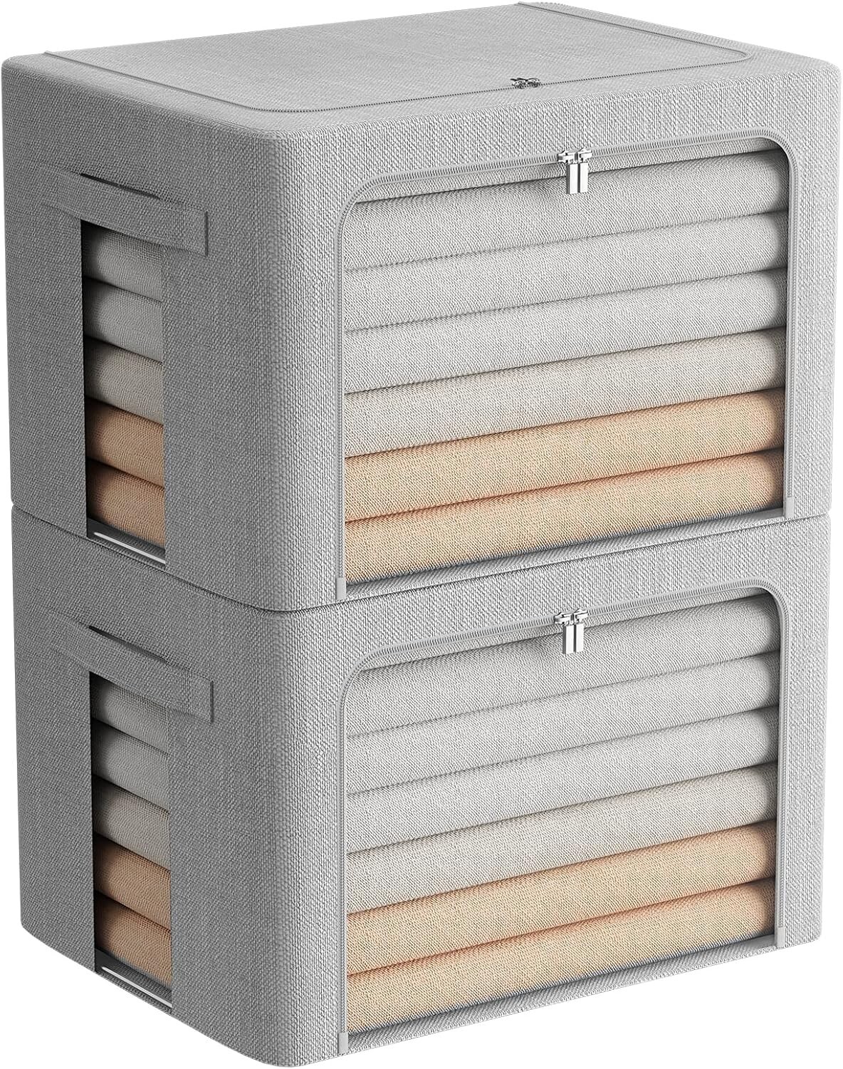 2 Pack Clothes Storage Bins, Stackable Metal Frame 15.7x 11.8x 7.8In Light Gray