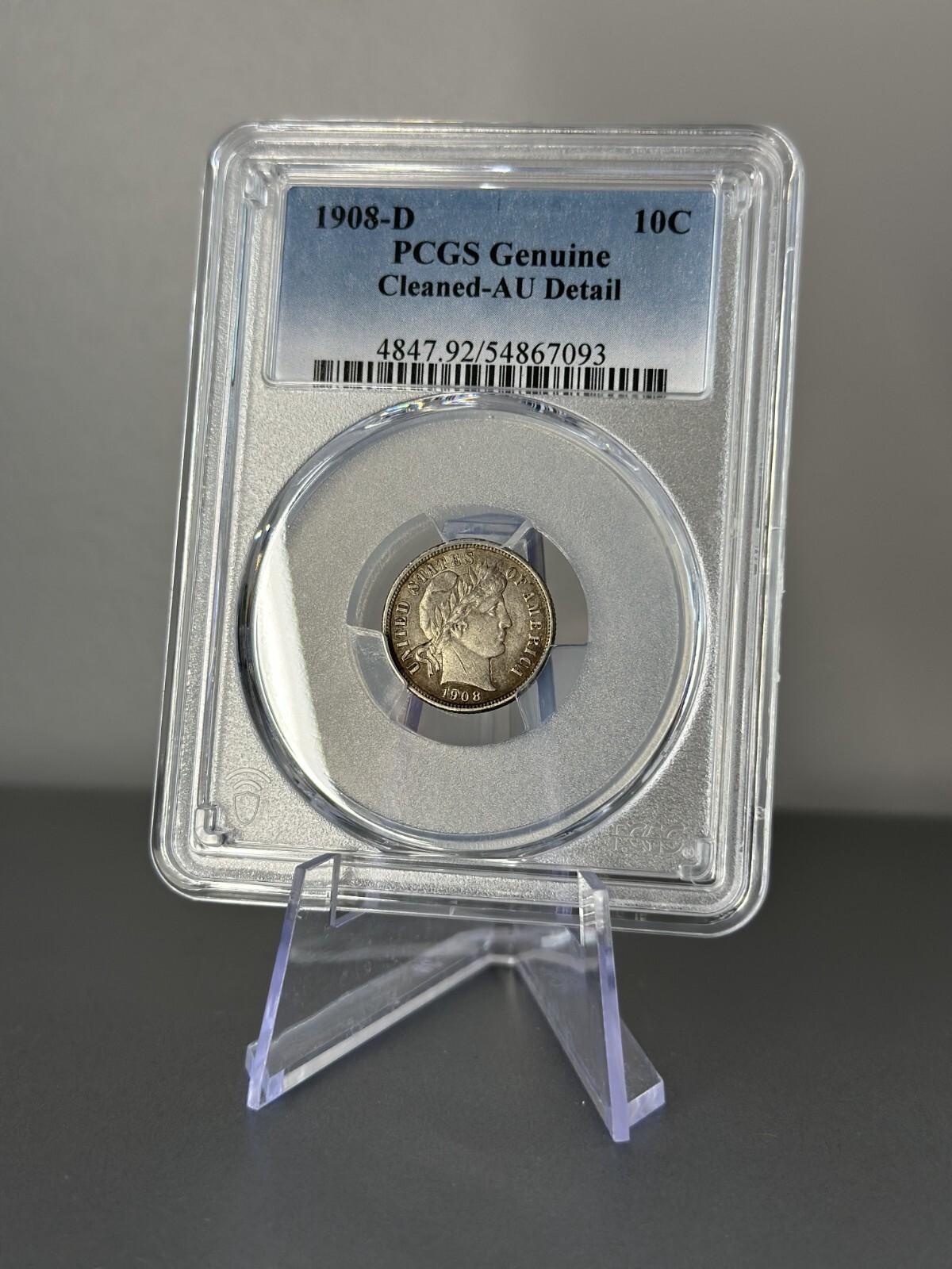 1908-D BARBER DIME 10 Cents PCGS AU Detail Cleaned