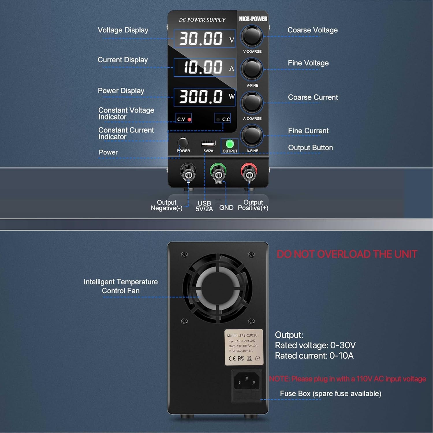 DC Power Supply Variable 30V 10A, Adjustable Switching Regulated DC Bench Power