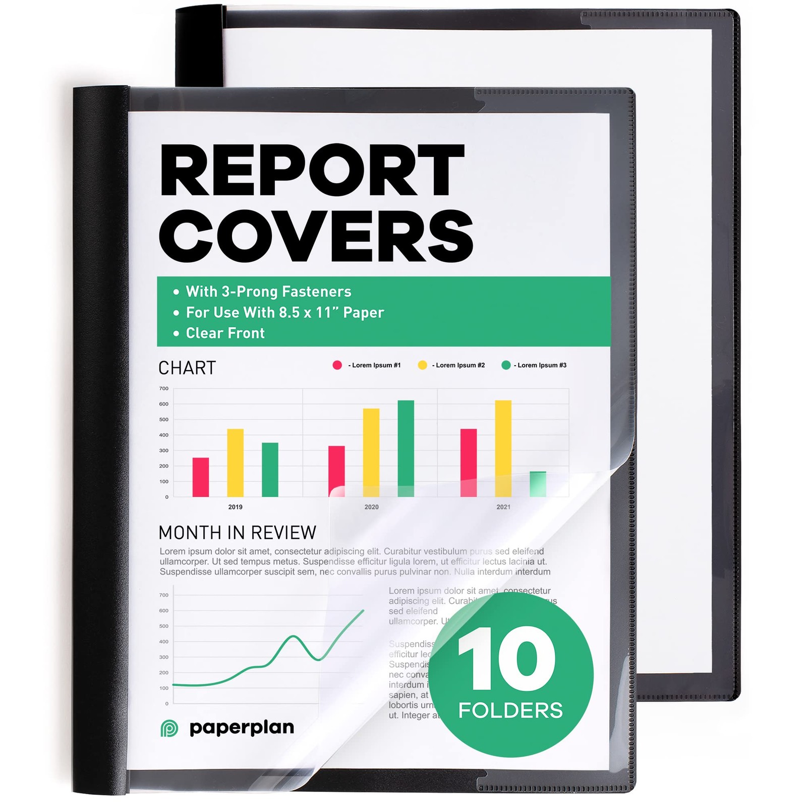 Report Covers - (Set of 10), 8.5 x 11 Letter Size, Clear Front Folders with 3...