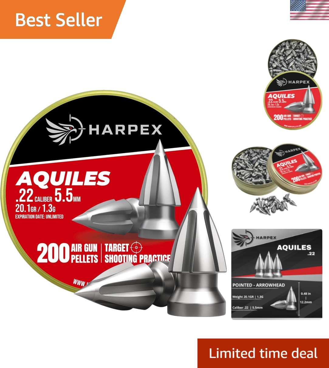 Aquiles .22 Cal Airgun Pellets – 20.1 Grains Pointed Arrowhead Design – 12.2 ...