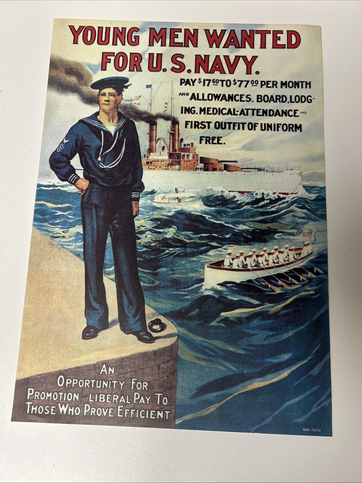 Vintage Young Men Wanted For US Navy Recruitment Poster RAD 73713 14 x 9.75
