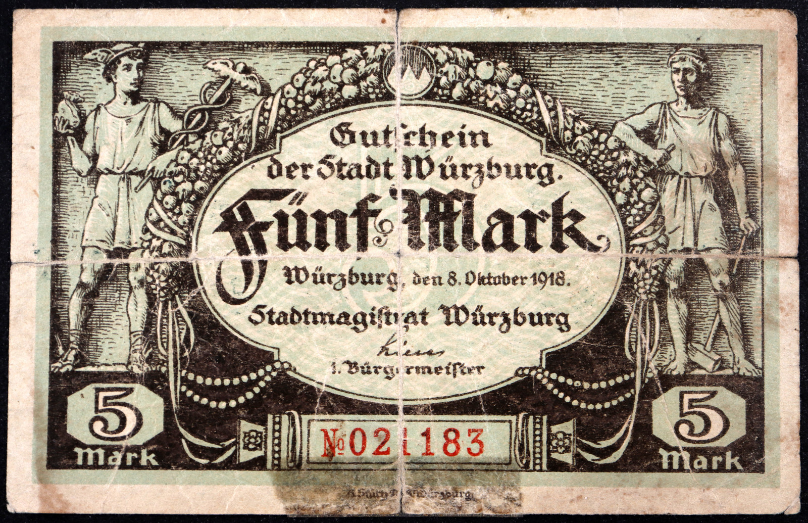 WÜRZBURG 1918 RARE Original Issue 5 Mark Grossnotgeld German Notgeld Banknote