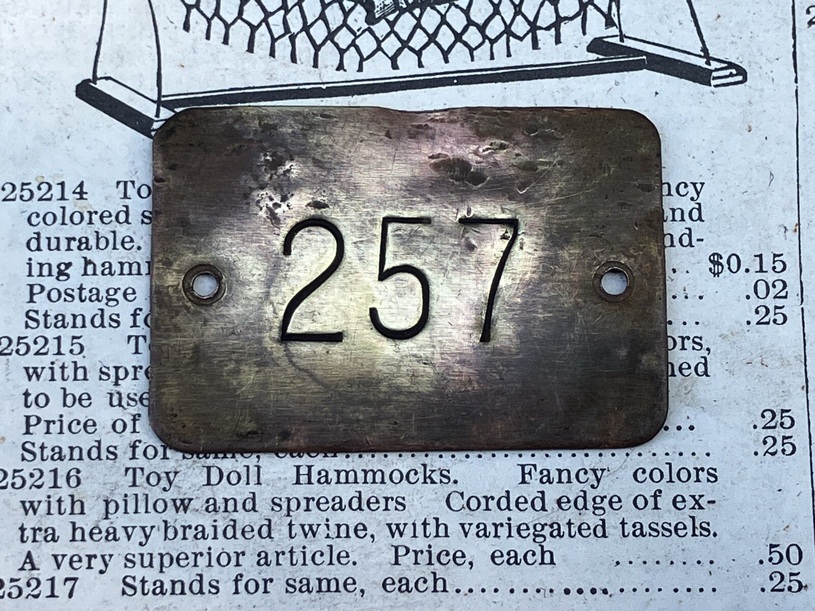 Antique Number 257 Tag Brass Metal Fob Vintage Furniture Tag Locker Tag Charm