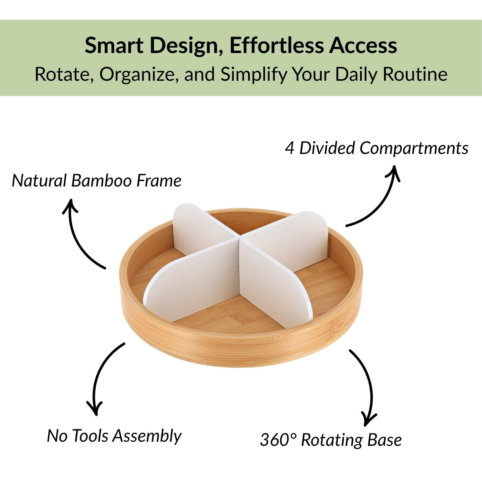 Rotating Bathroom Organizer with 4 Compartments - Bamboo Base Matte Finish