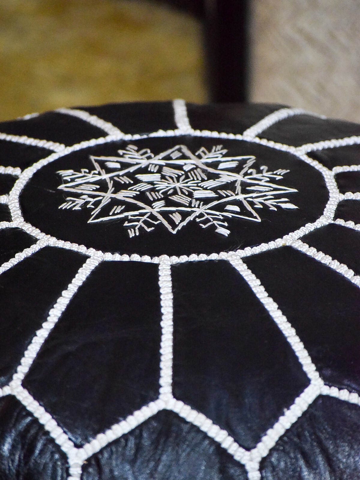 Moroccan Handcrafted Leather Pouf, handmade leather pouf, White and black pouf,