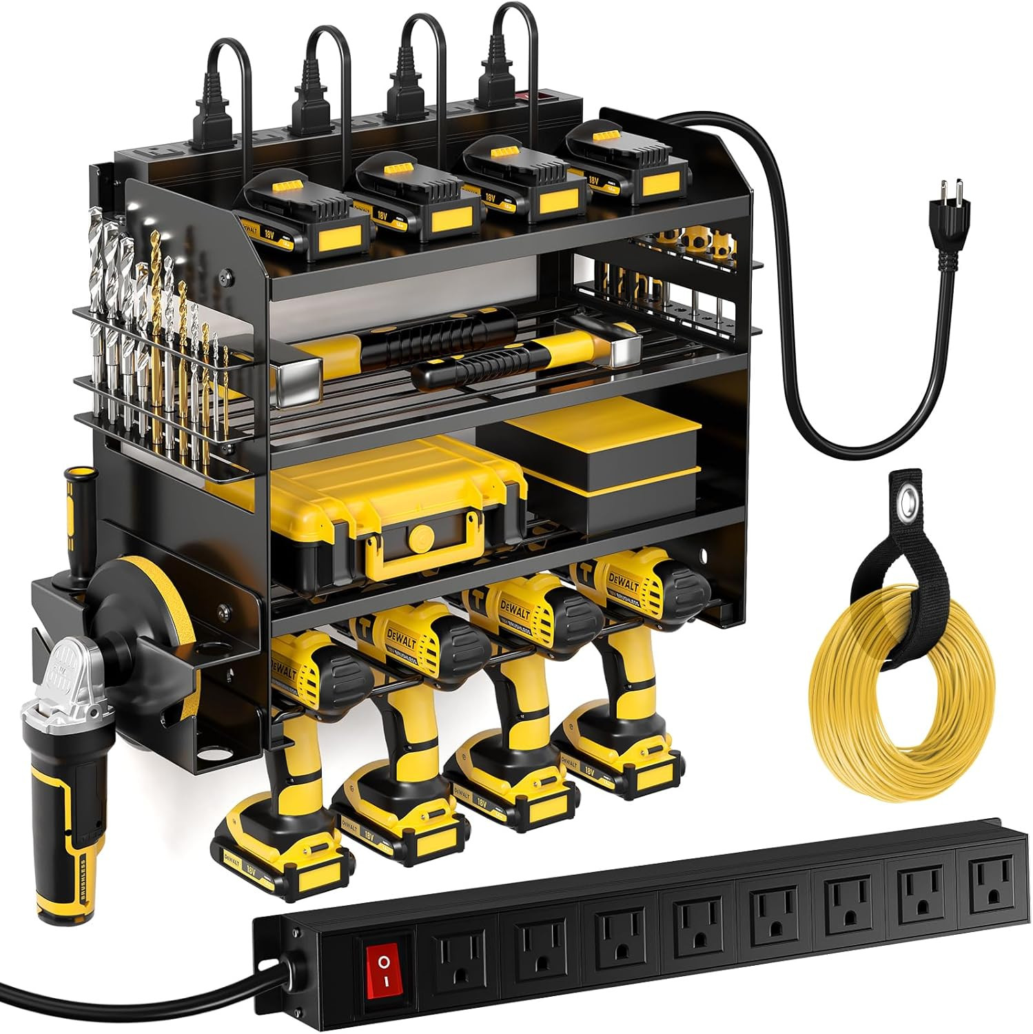 Power Tool Organizer Wall Mount with Charging Station,Tool Storage Rack with 8 O