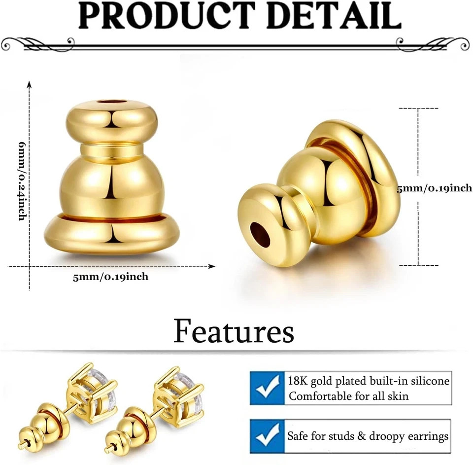 Locking Earring Backs for Studs, Hypoallergenic 18K Gold Bullet Earring Backs Re