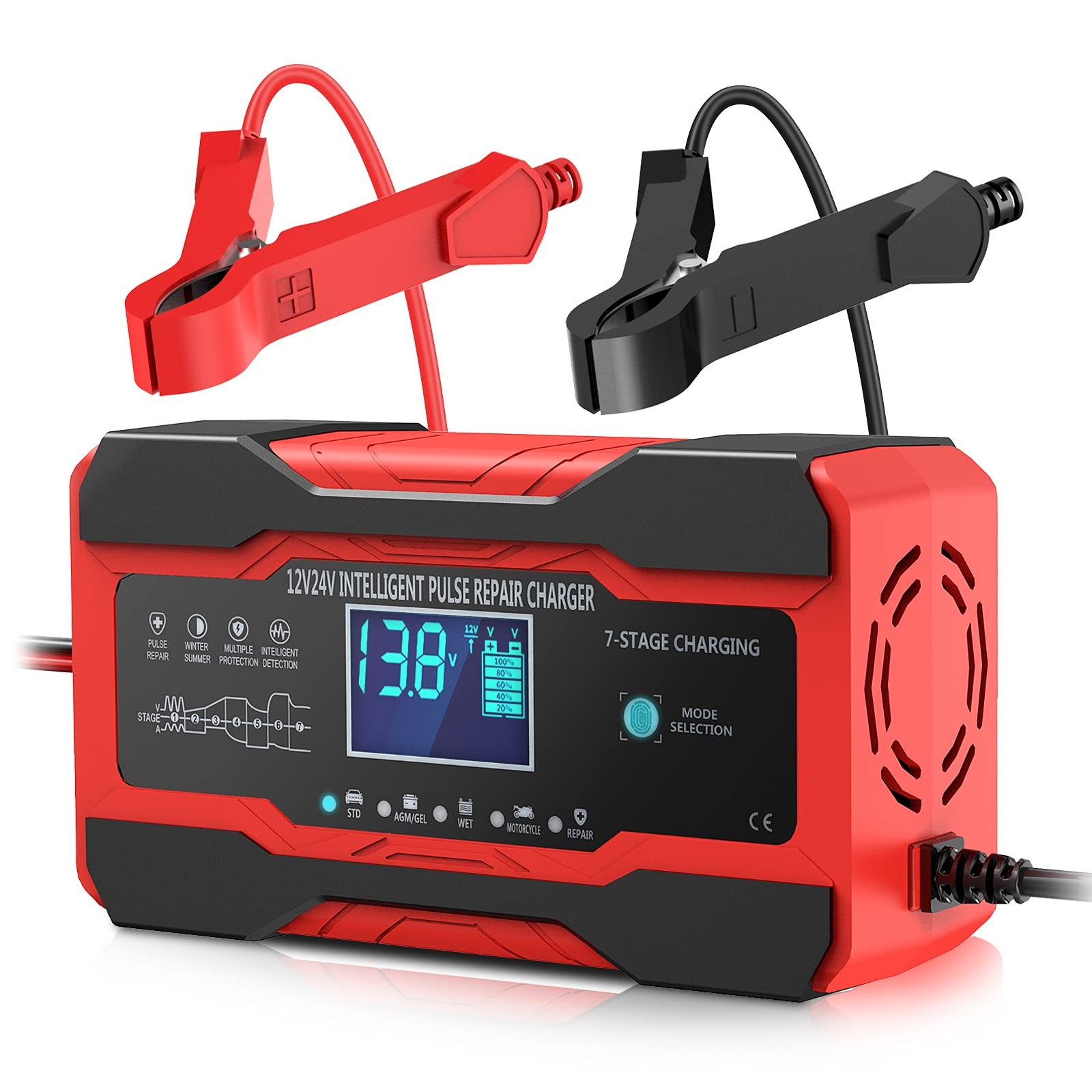 YONHAN Battery Charger 10-Amp 12V and 24V Fully-Automatic Smart Car Red 10A