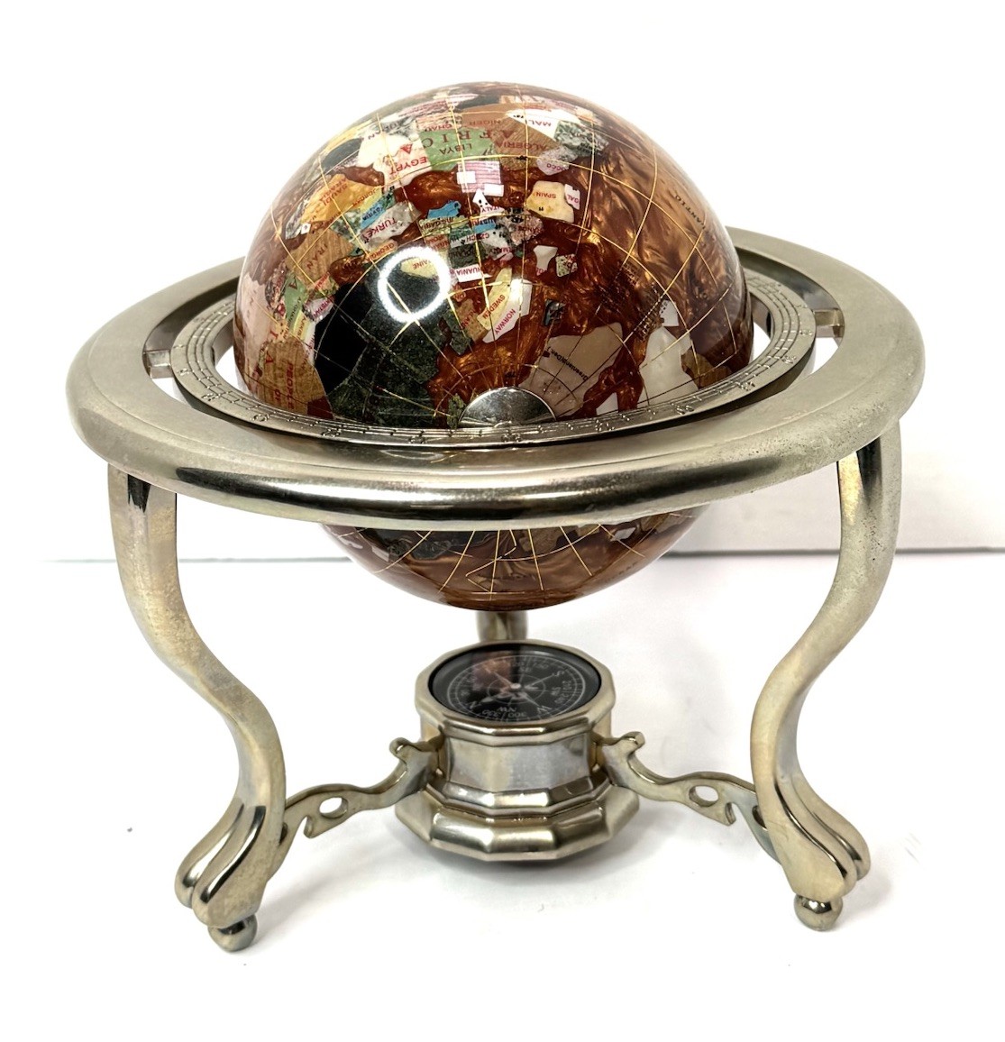 Vtg Kalifano Rotating Copper Amber Opalite Gemstone Globe Silver Stand