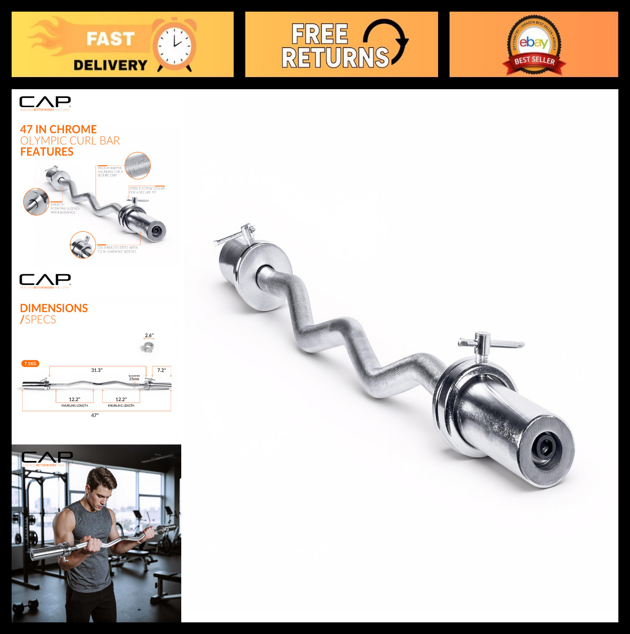 47" Olympic EZ Curl Bar - Heavy Duty Solid Steel, 200 lb Capacity, Fitness Equip
