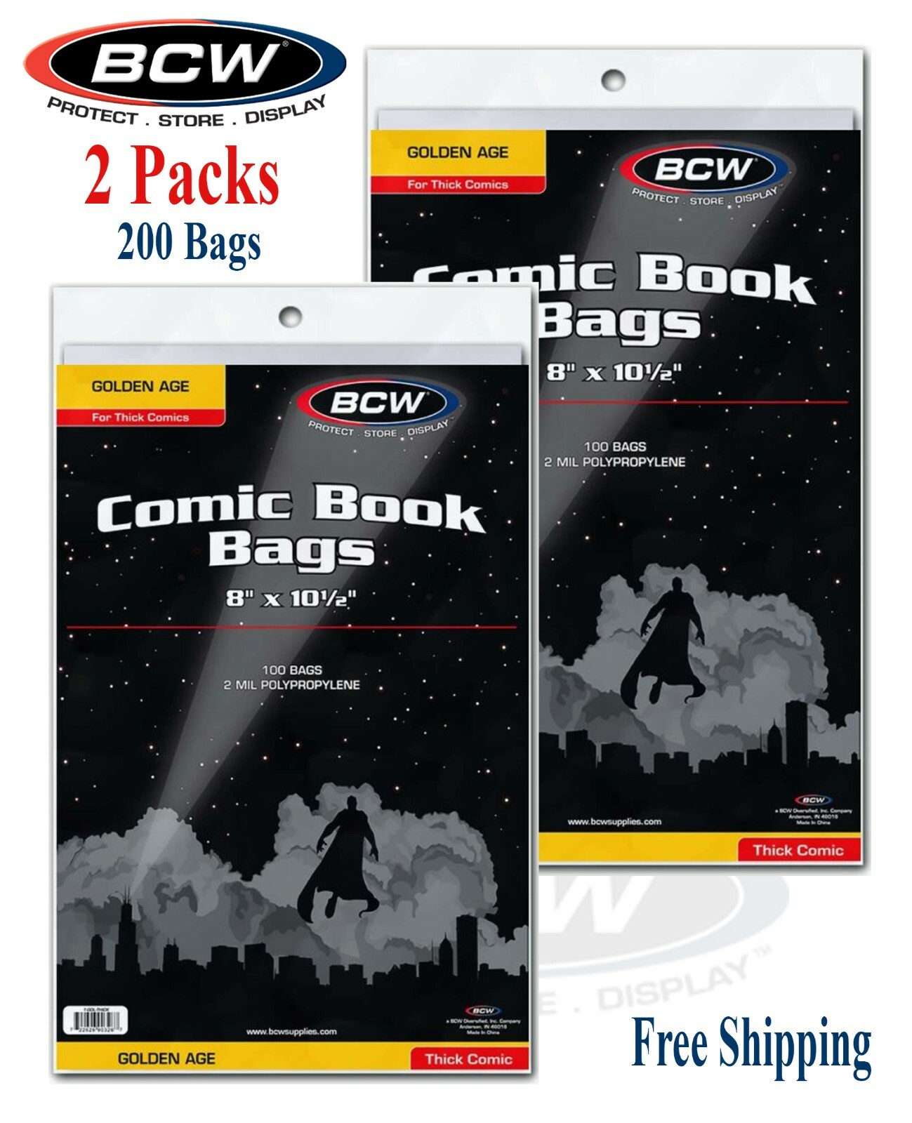 200 BCW Poly Bags For Golden Age Thick Comic Books 2 Mil Acid 2 Packs Holder NEW