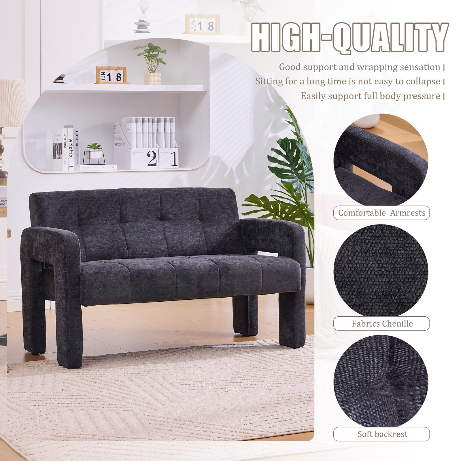 Nordic Modern Double Armchair Loveseat Sofa Chenille Black