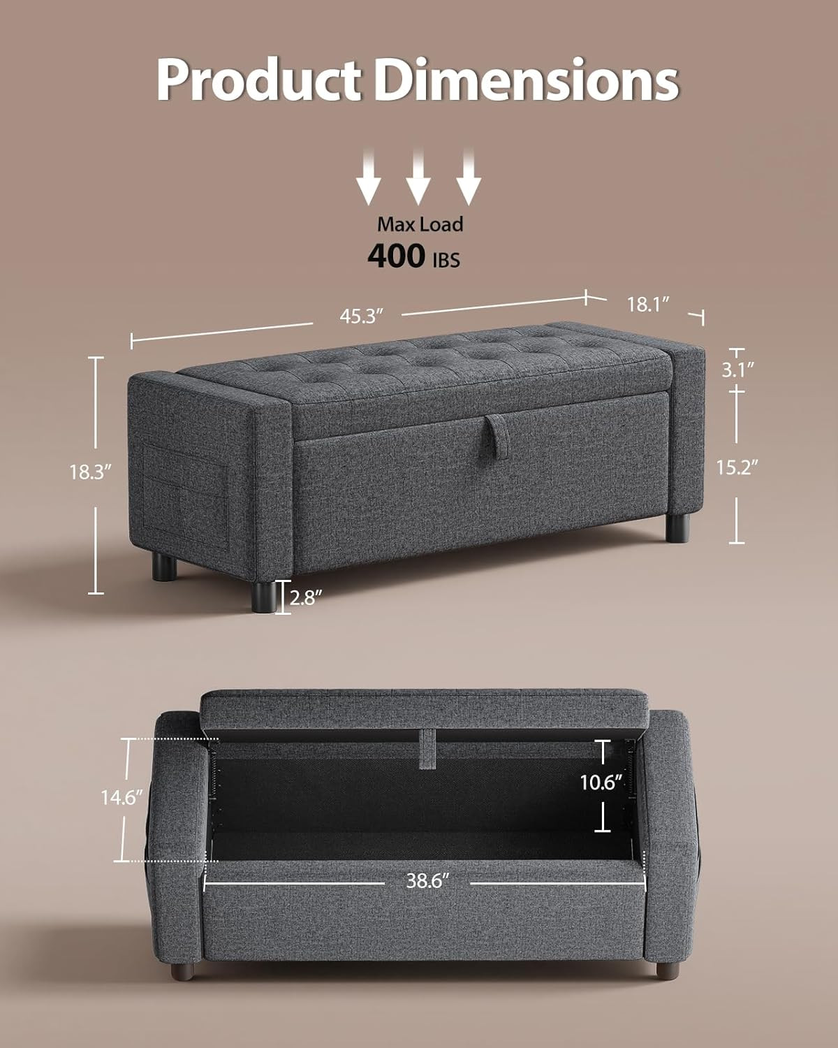 Amada 46" Ottoman with Storage,Storage Ottoman Bench with Safety Hinge, Hidden C