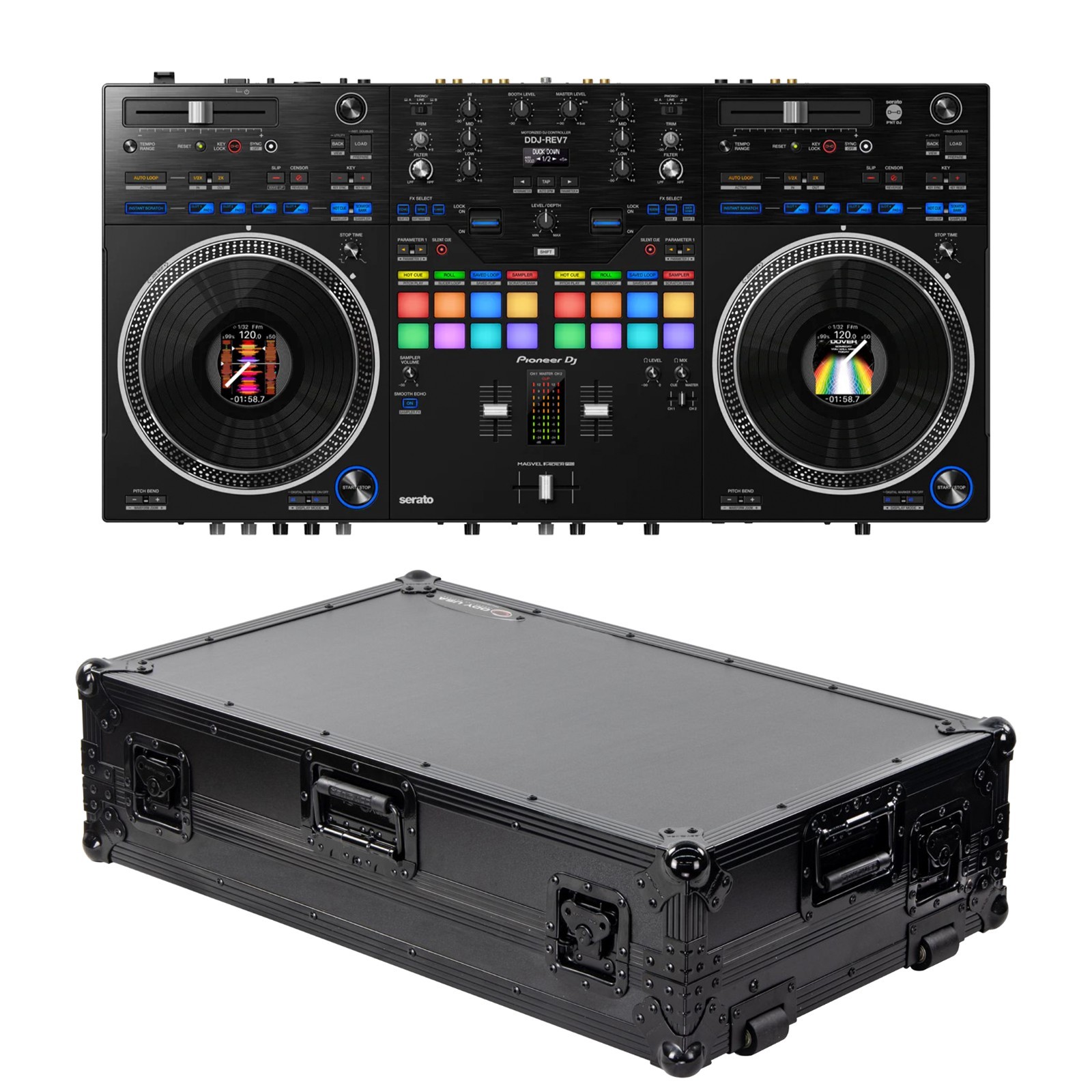 Bundle- Pioneer DJ DDJ-Rev7 W/Odyssey FZGSREV7WBL Black Label Glide Style Flight