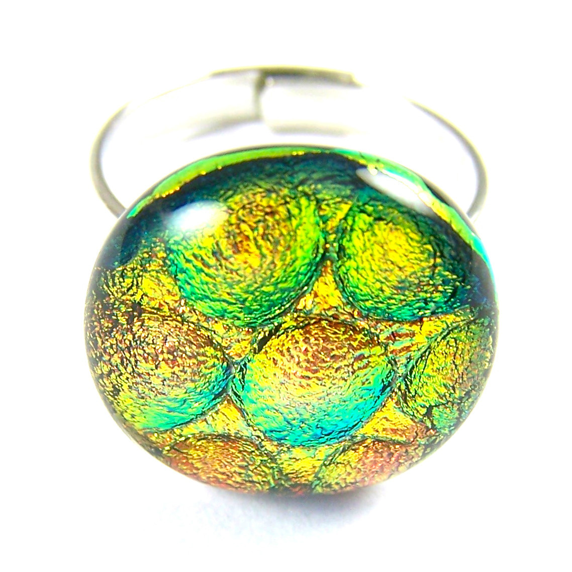 Cocktail RING Glass DICHROIC 3/4" 20mm Golden Orange Bubbles Dots Adjustable
