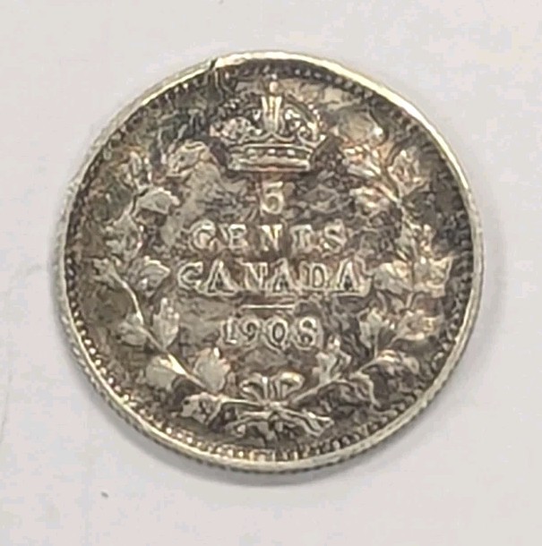 1908- Canada- Large "8"- 5 Cents Small Silver Coin-#T131