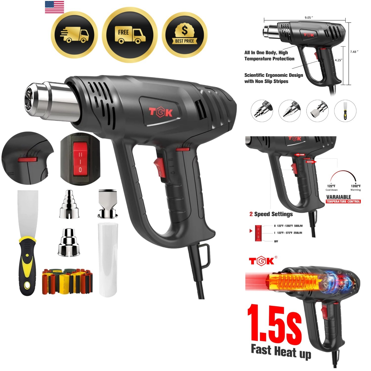 Heat Gun, 1800W Heavy Duty Hot Air Gun Kit 122℉~1202℉ Dual Temperature Settin...