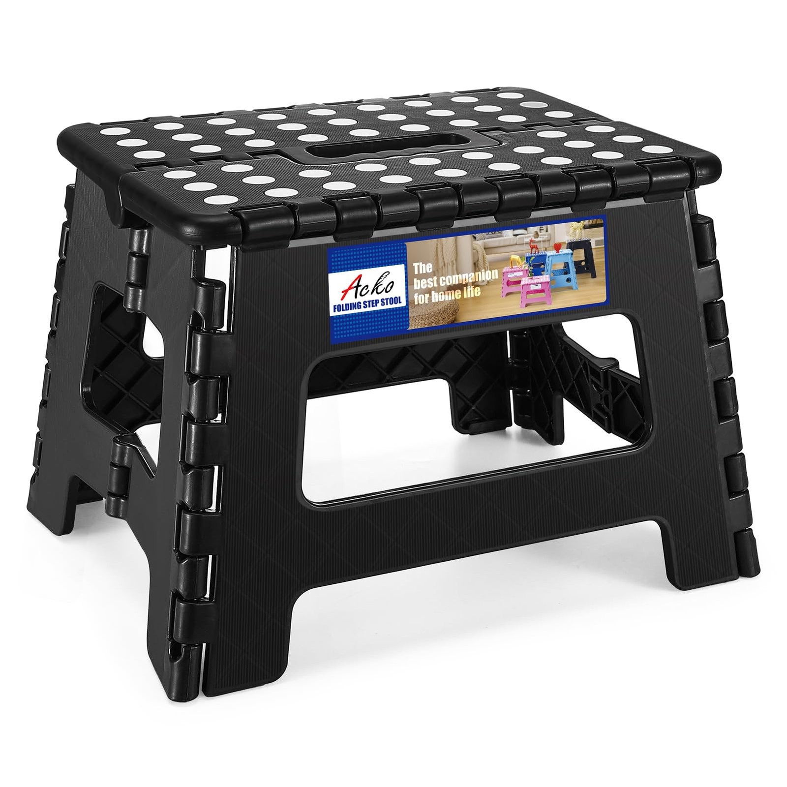 ACKO Folding Step Stool 9 Inch 300 lb Capacity, Plastic 9 Inch, Black