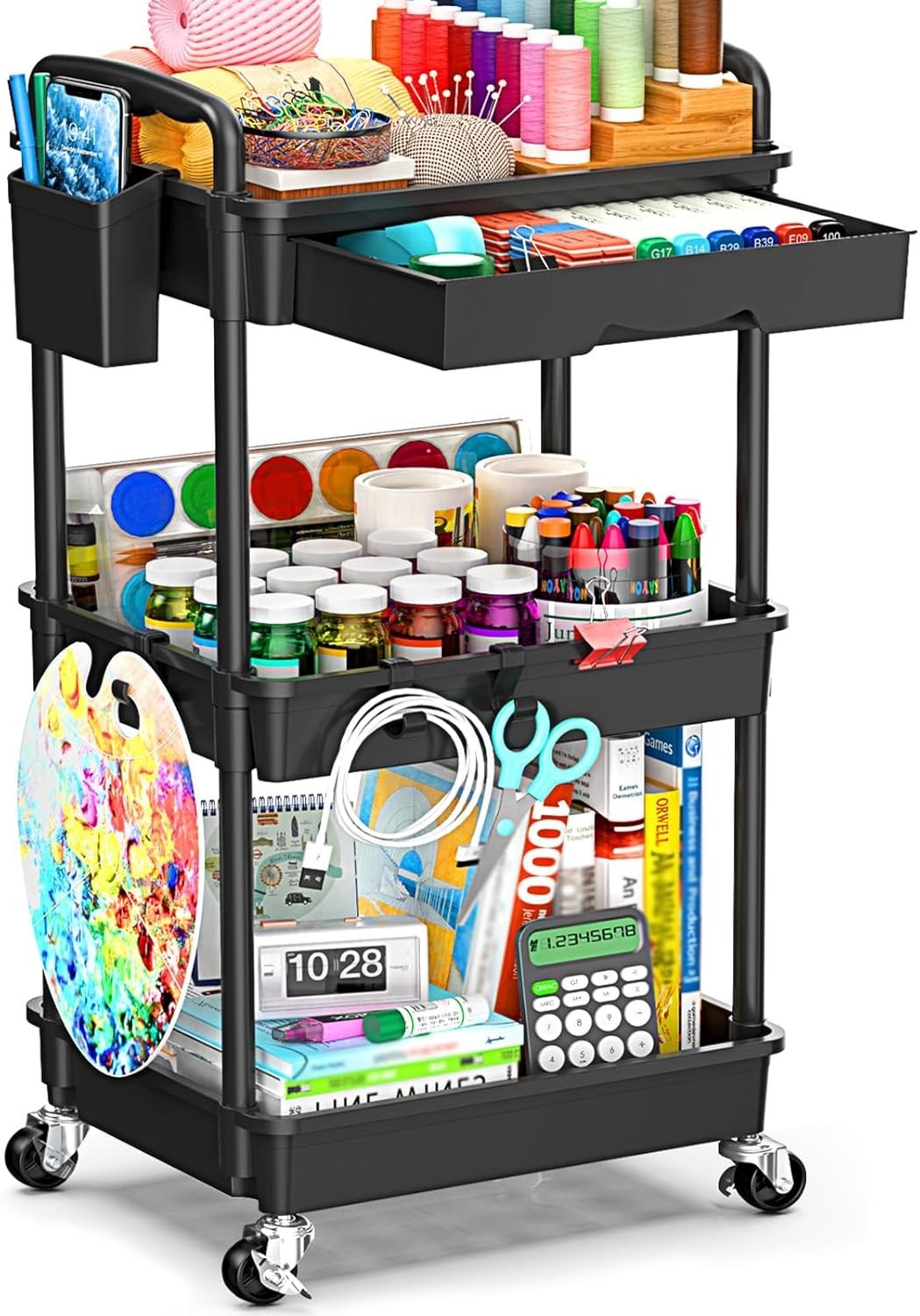 Elegant 3 Tier Rolling Storage Cart with Removable Drawers & Lockable Wheels