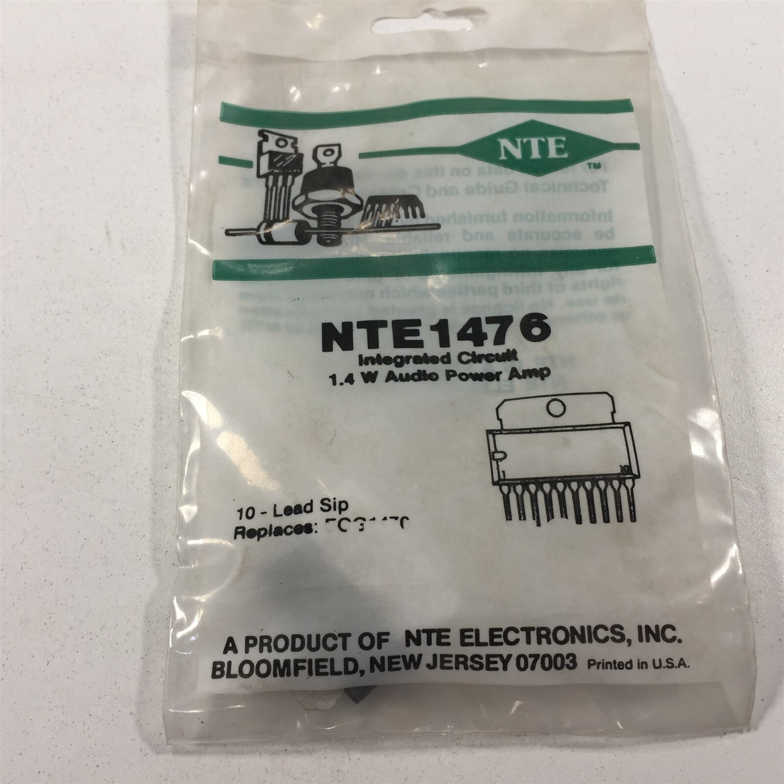(2) NTE NTE1476 Integrated Circuit Audio Power Amplifier, 1.4W - Lot of 2