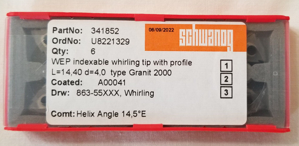 6 Pack Schwanog WEP Indexable Whirling Tip W/ Profile 341852 Helix Angle 14,5