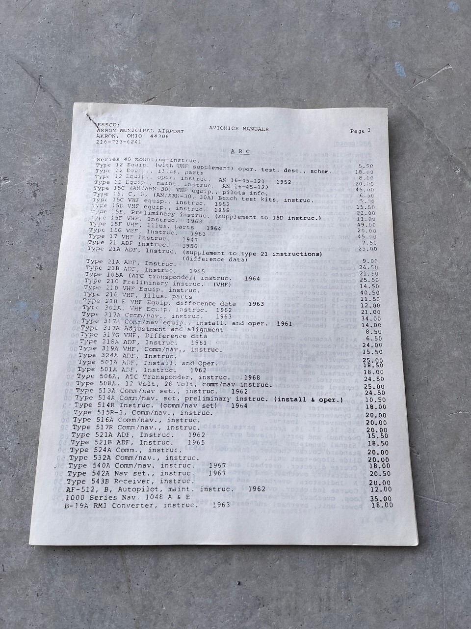 ESSCO Avionics Manuals Price List Akron Ohio 1960s/70s era