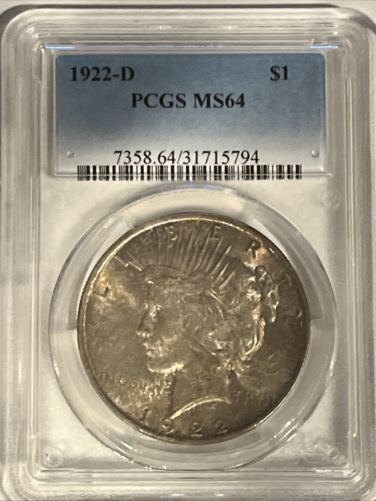 1922 D Peace Silver Dollar - PCGS - MS 64 With Nice Toning
