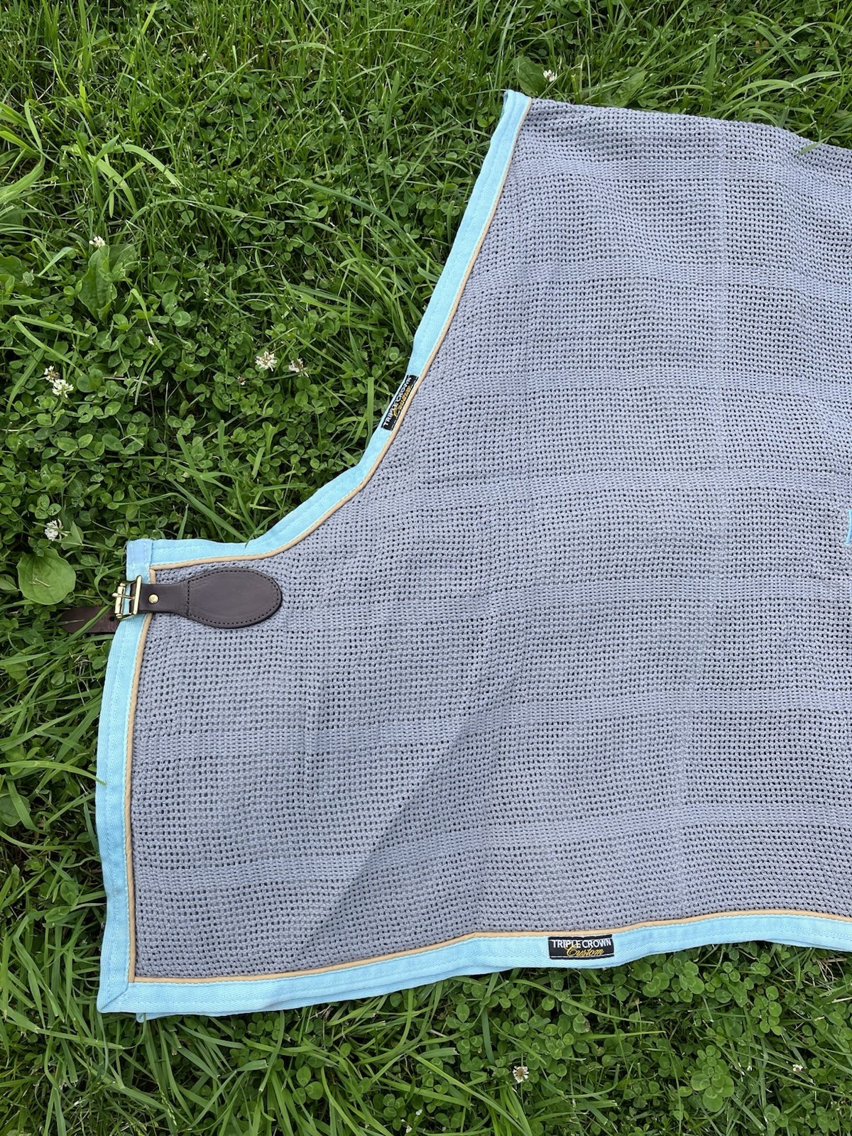 69" 70” Triple Crown Custom Cotton Scrim Sheet Grey w Light Blue Gold Pony Show