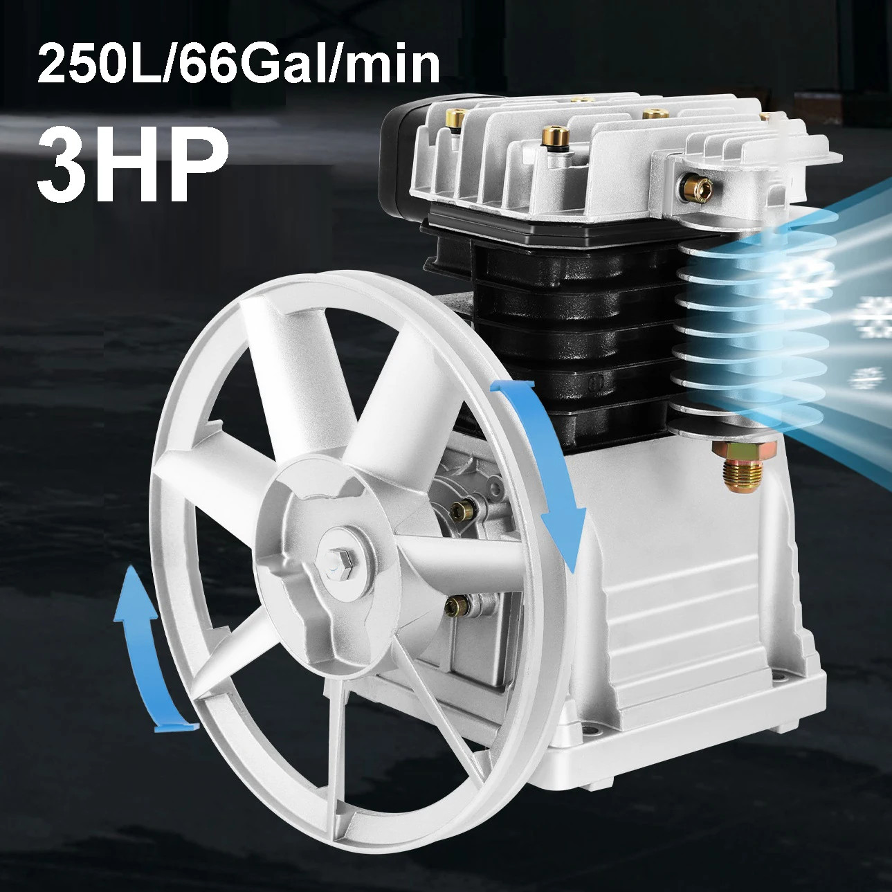 Air Compressor Pump Head,250L/66Gal/min,0.8Mpa SingleStage Twin Cylinder Piston