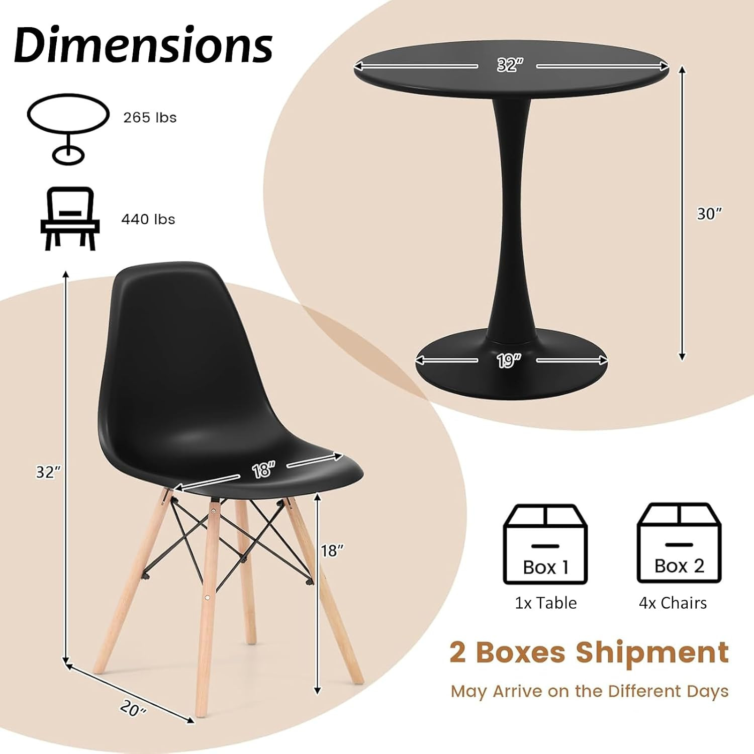 5-Piece round Dining Table Set for 4, Kitchen Table and Chairs, 32'' Tulip Table