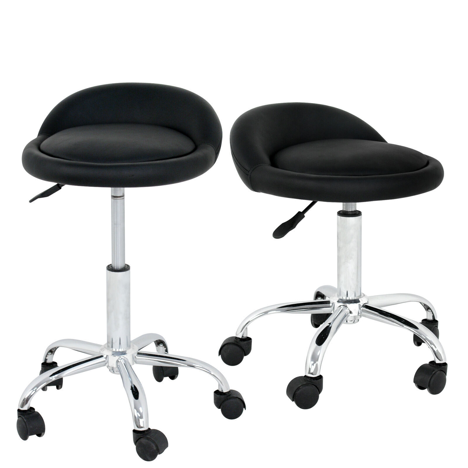 2PCS Adjustable Hydraulic Rolling Stool PU Leather Salon Chair with Back Black