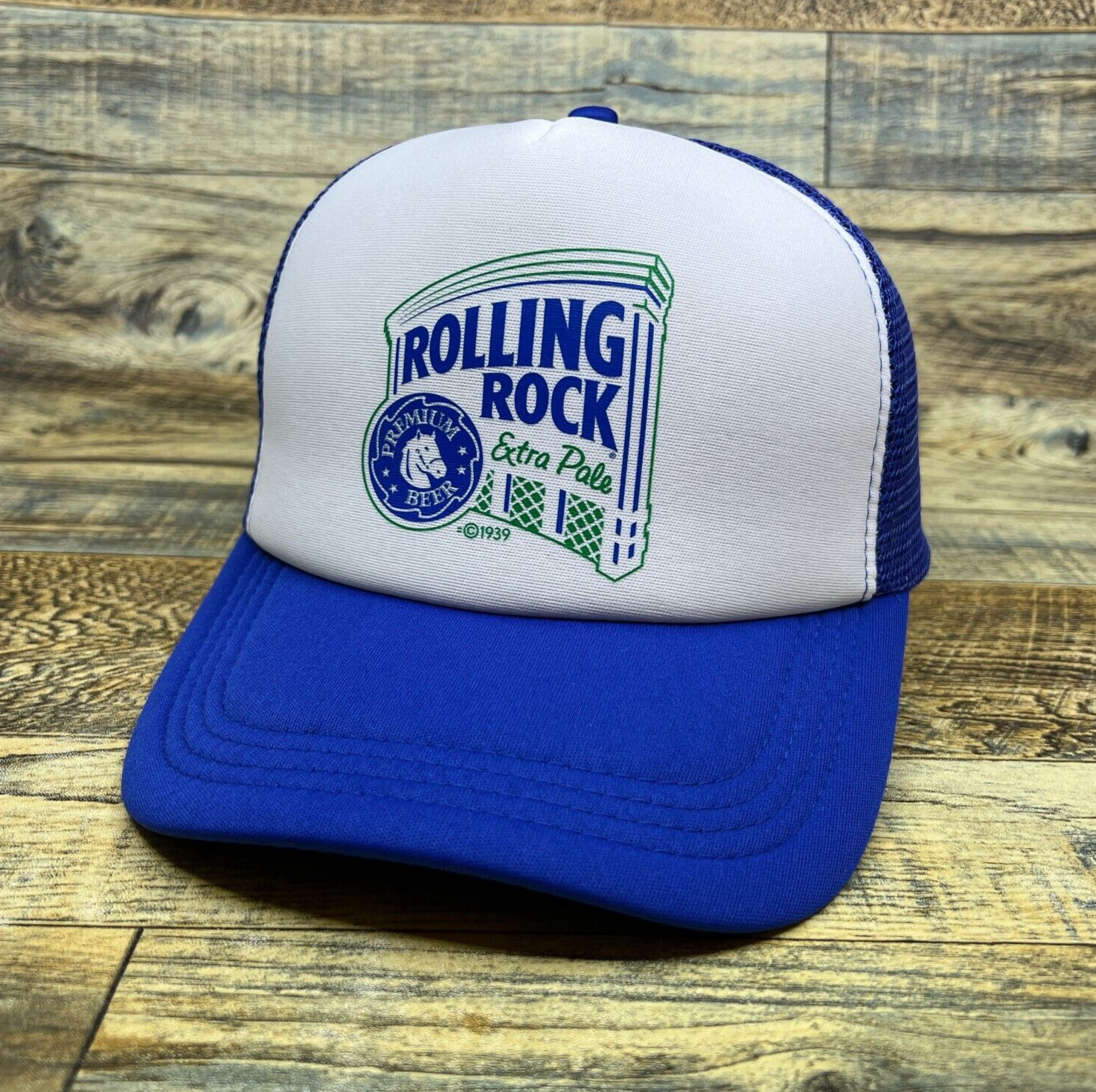 Rolling Rock Mens Trucker Hat Blue Snapback 1939 American Lager Beer Ball Cap
