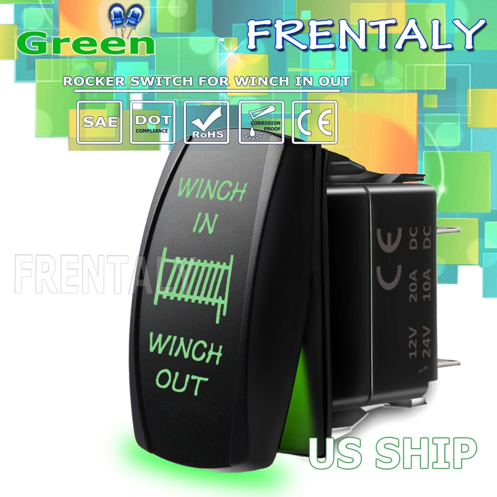 Momentary LASER Rocker Switch Green LED Light 7pin BLUE WINCH IN/OUT 20A 12V