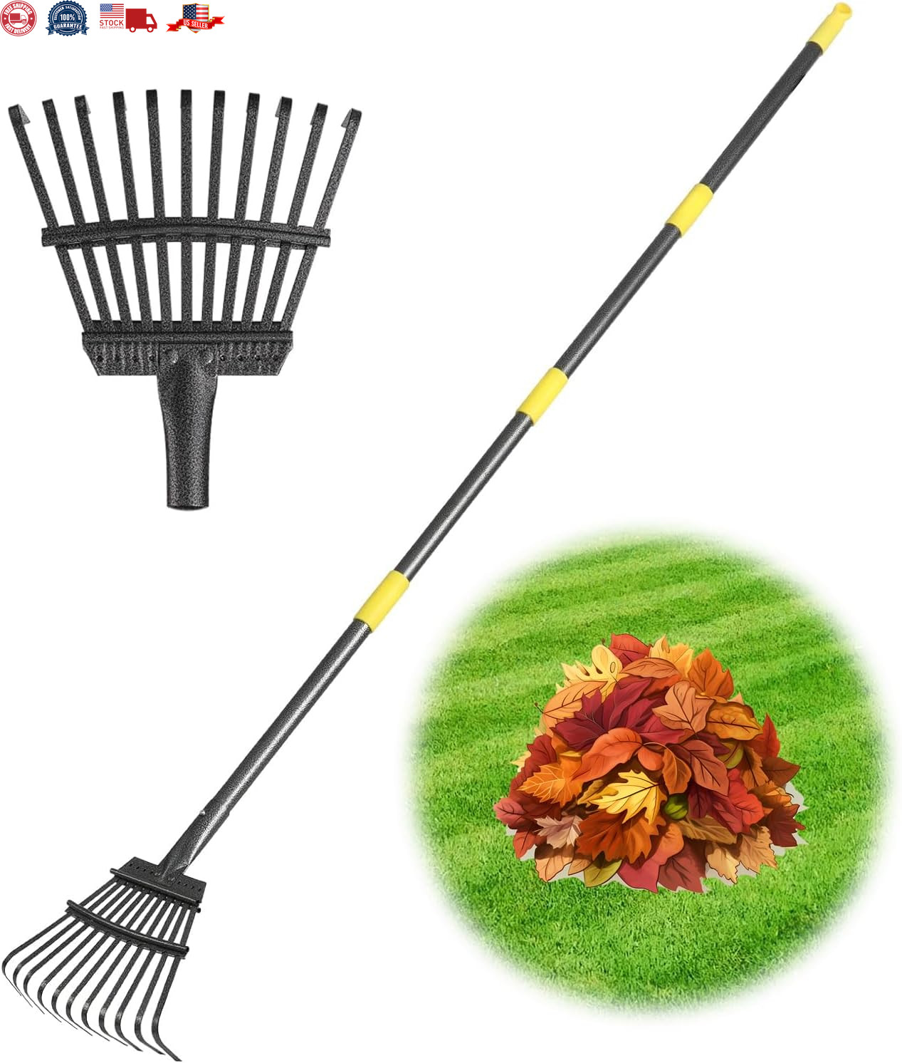 Rake, Garden Leaf Rakes for Lawns Gardening, Small Metal Rake Tool with 11 Ti...