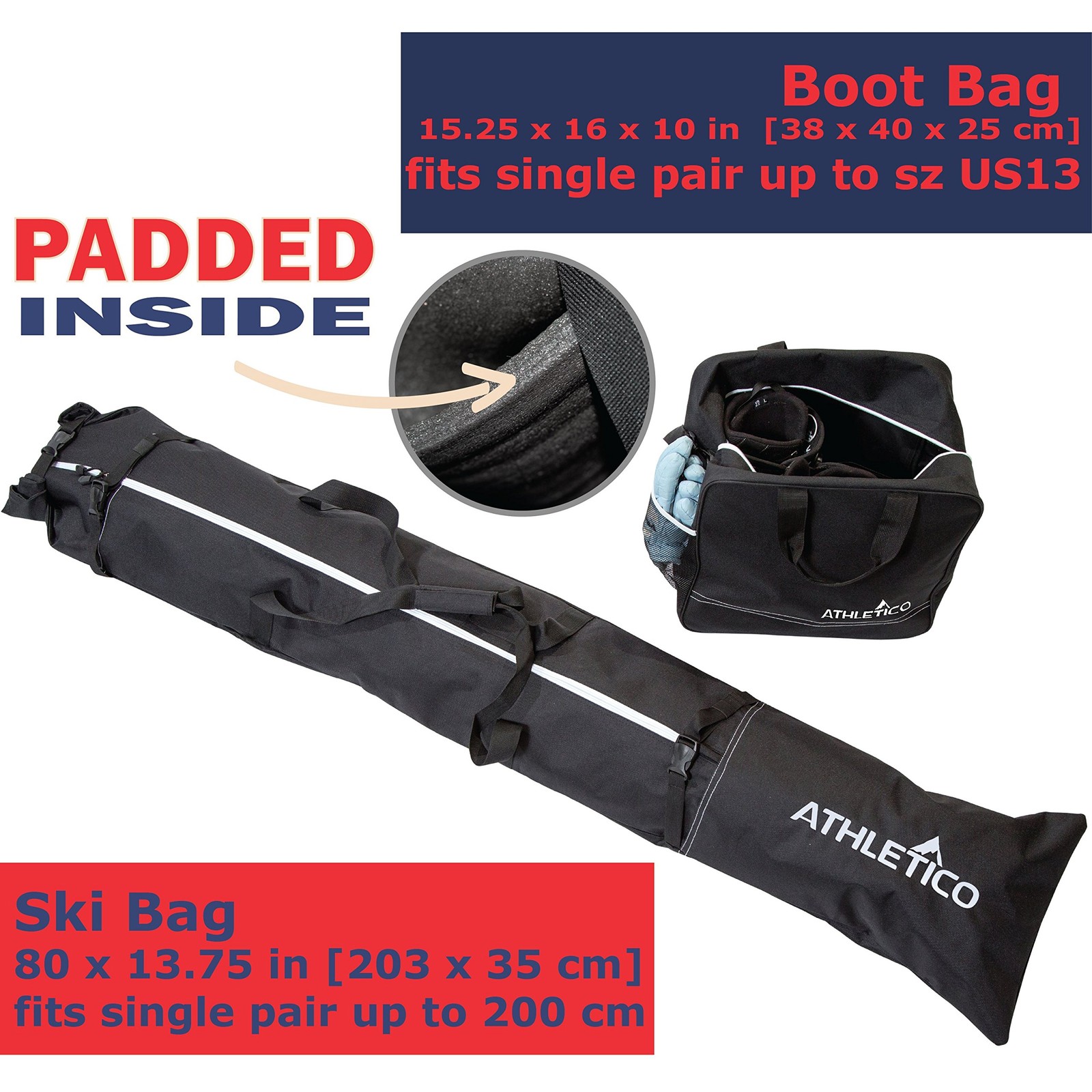 Athletico Padded Ski Bag Combo - & Separate Large, Black (Padded)