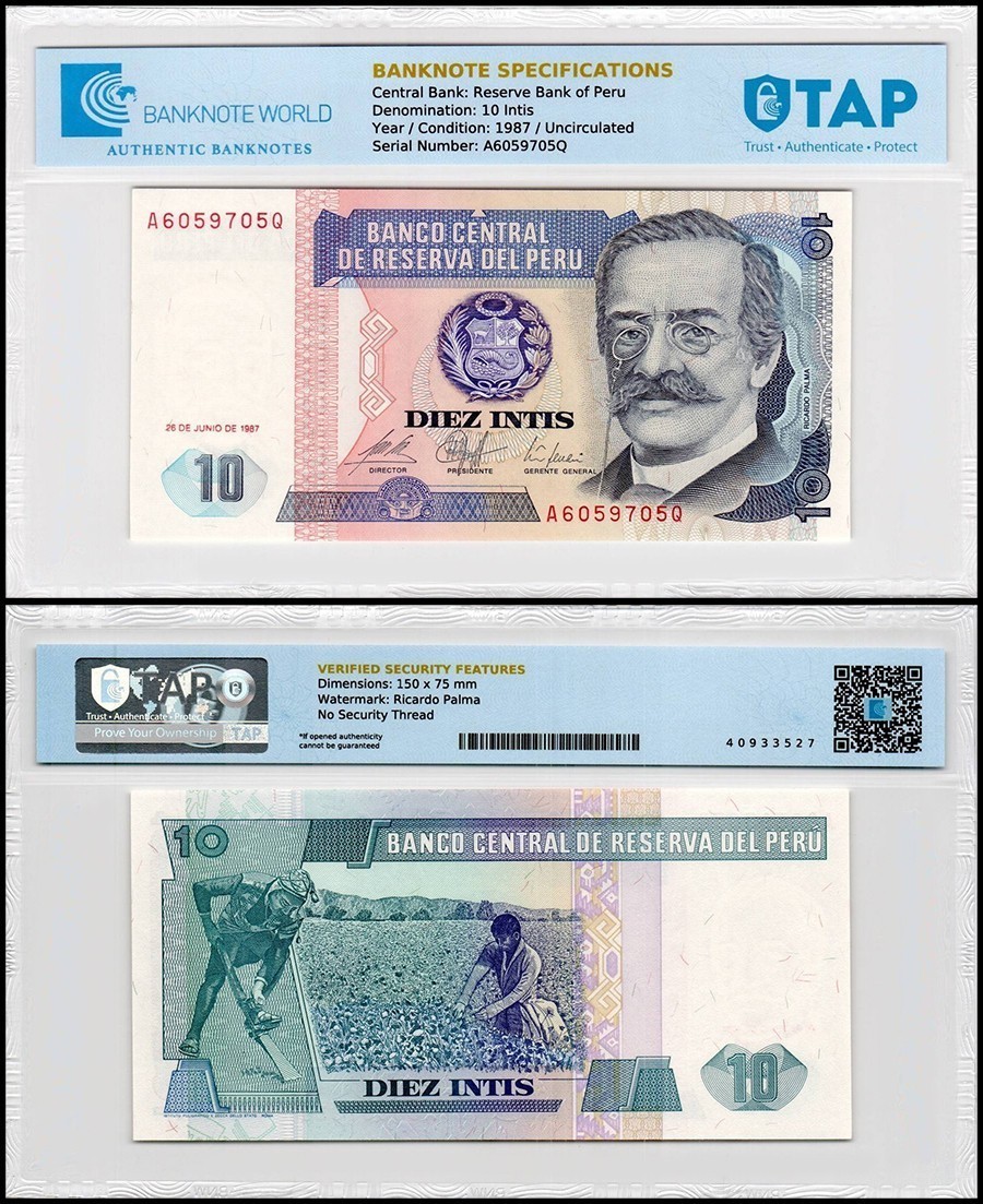 Peru 10 Intis, 1987, P-129, UNC, TAP Authenticated