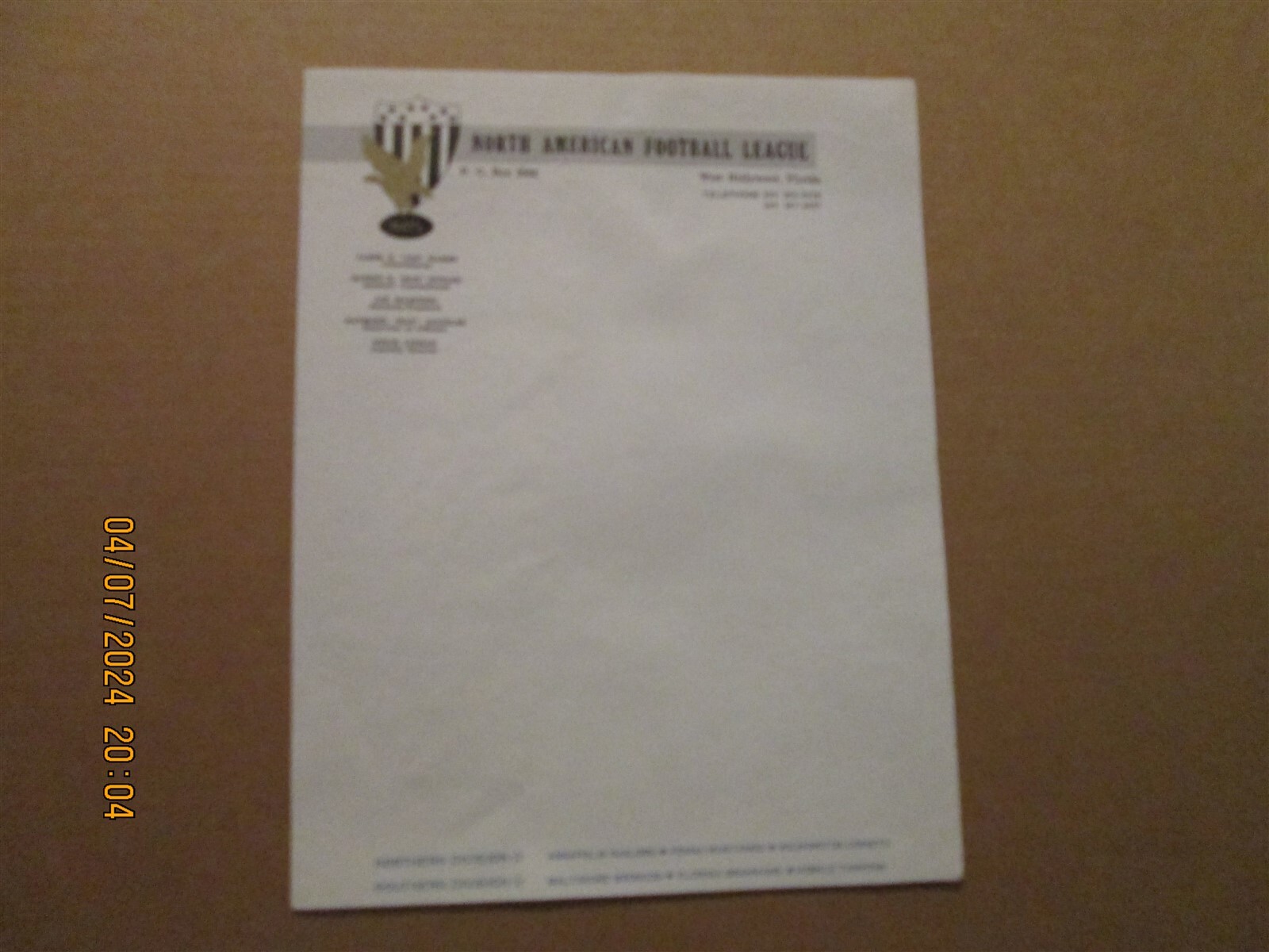 NAFL North American Football League Vintage League Logo Football Letterhead