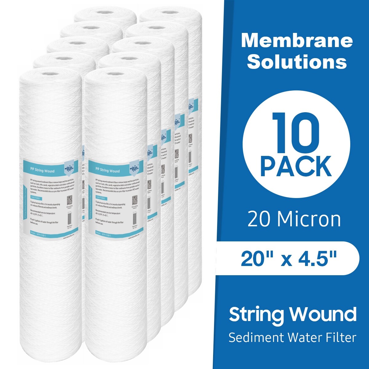 20 Micron 20" x 4.5" String Wound Sediment Water Filter Fit for Big Blue 10-Pack