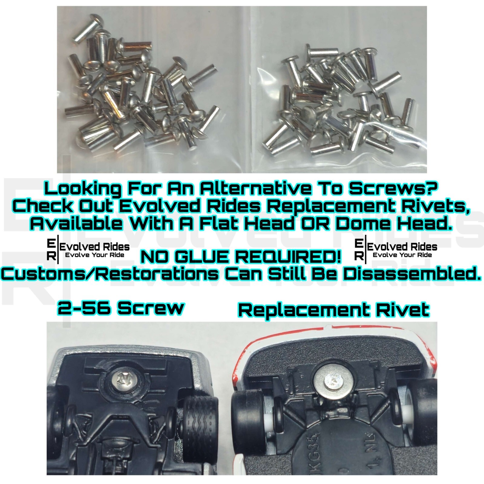 50pc Set 1/4th 2-56 Rivet Screw Self Tap Hot Wheels Matchbox Custom Restoration