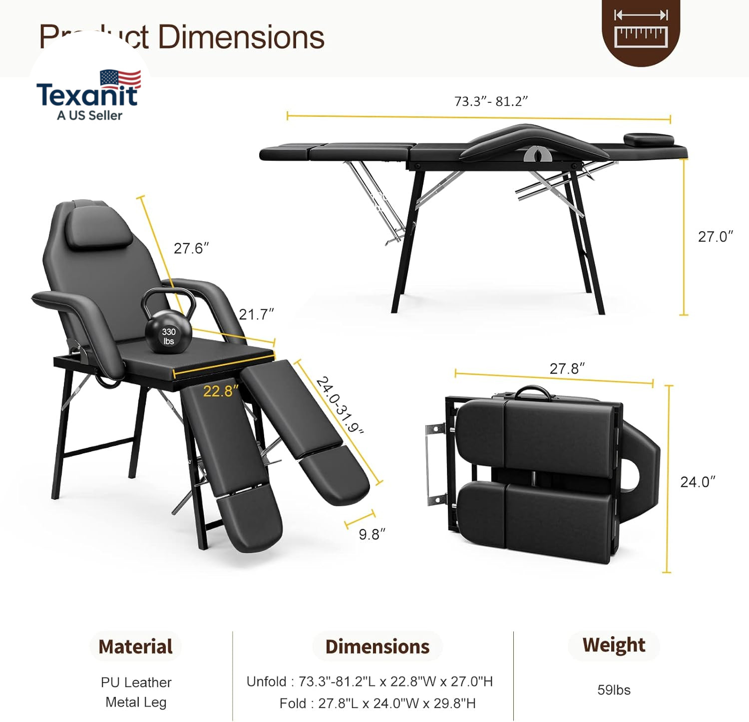 Portable Tattoo Chair Adjustable Split Legs for Client, Mobile Massage Table Fol
