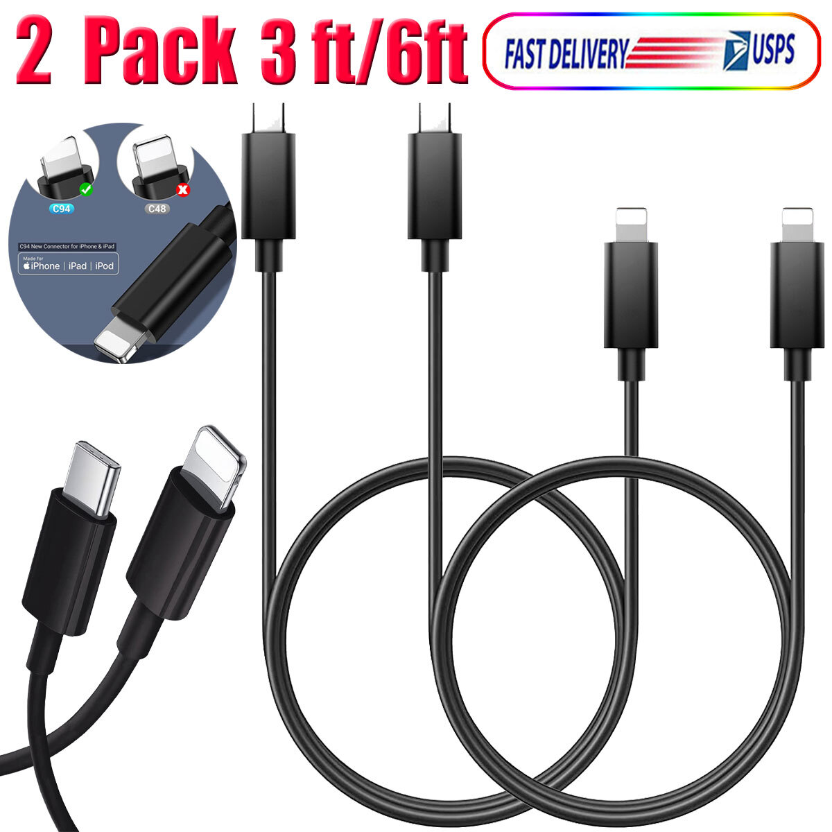 For iPad 5th/6th/7th/8th/9th Gen Type-C to Apple Fast Charging Cable Charge Cord