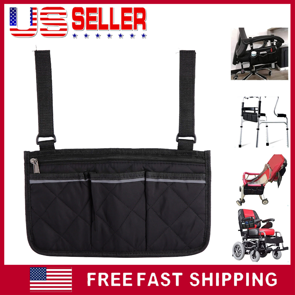 Wheelchair Side Storage Bag w/Cup Holder Reflective Strip Durable Armrest Pouch
