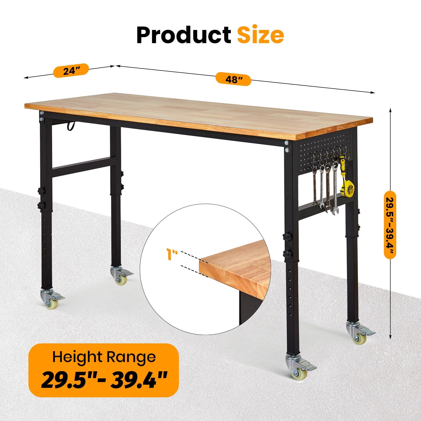 Adjustable Height Workbench 48"x24" Work Bench Table 2000 Lbs with Power Outlet