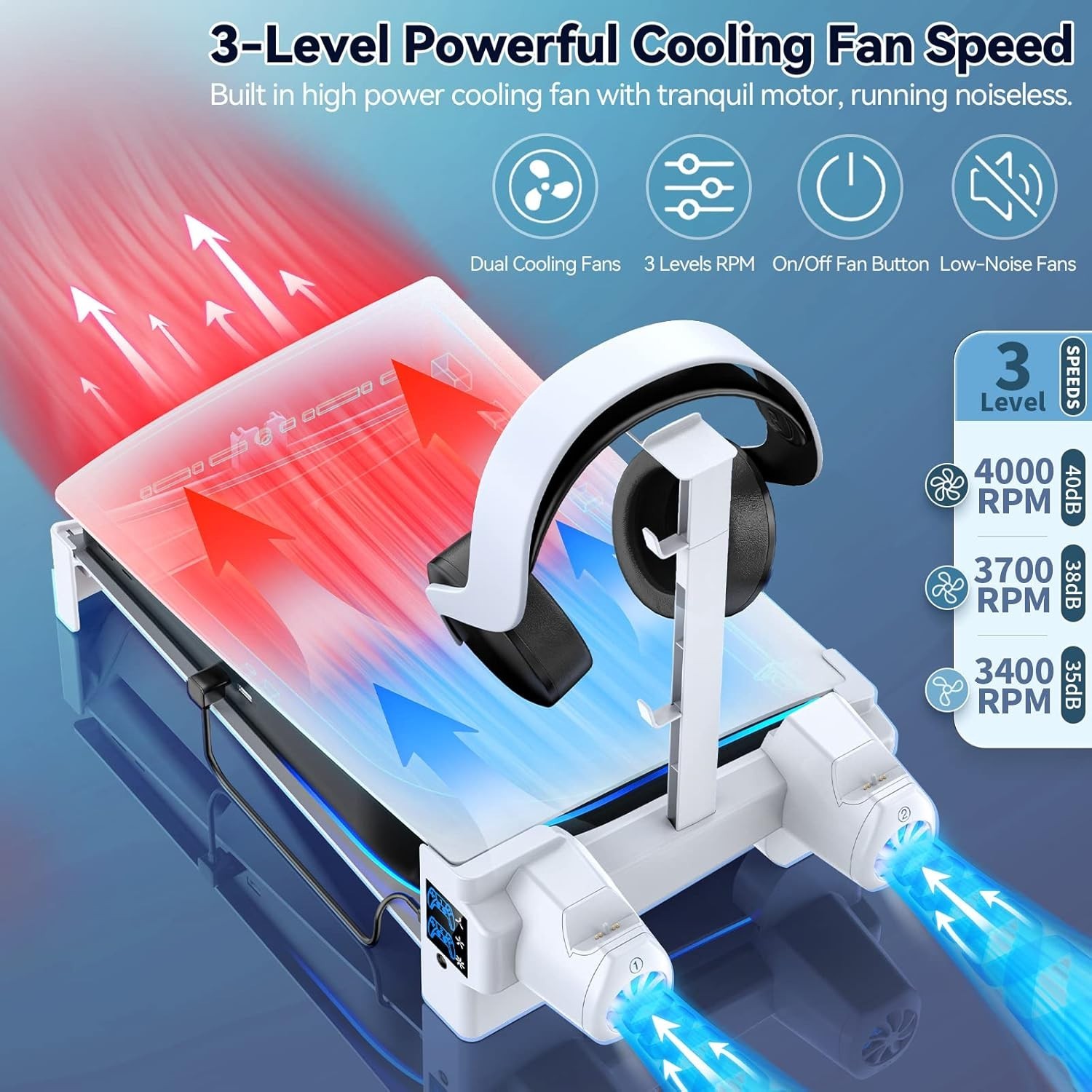 PS5 Horizontal Stand with 3-Level Cooling Fans for PlayStation 5 Console, PS5 Ac