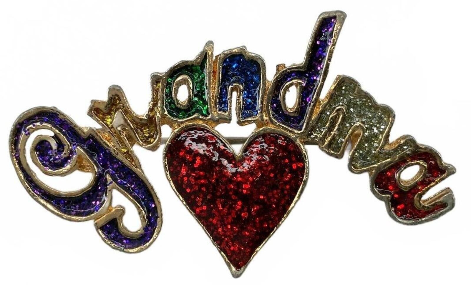 Vintage Goldtone Rainbow Glitter Grandma Heart Brooch Pin Small Colorful Retro