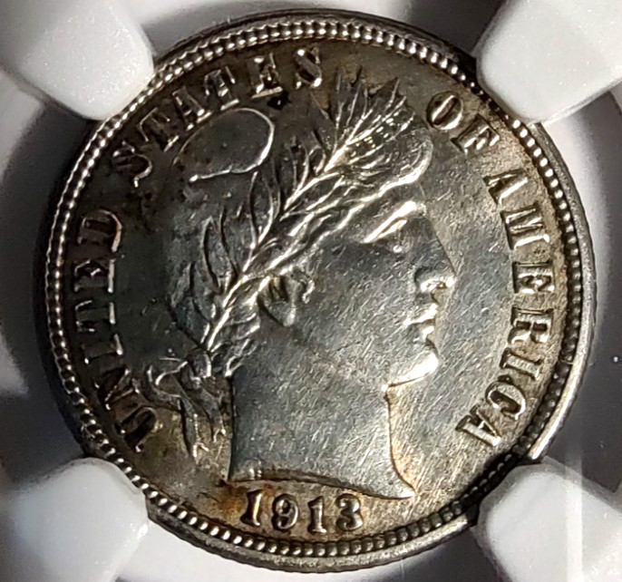 1913 Barber Silver Dime 90% 10C NGC AU Details